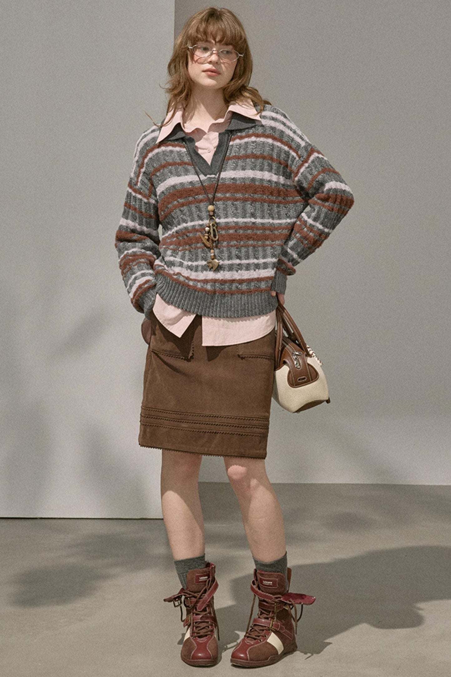 Contrast Fleece V-Neck Knit Top