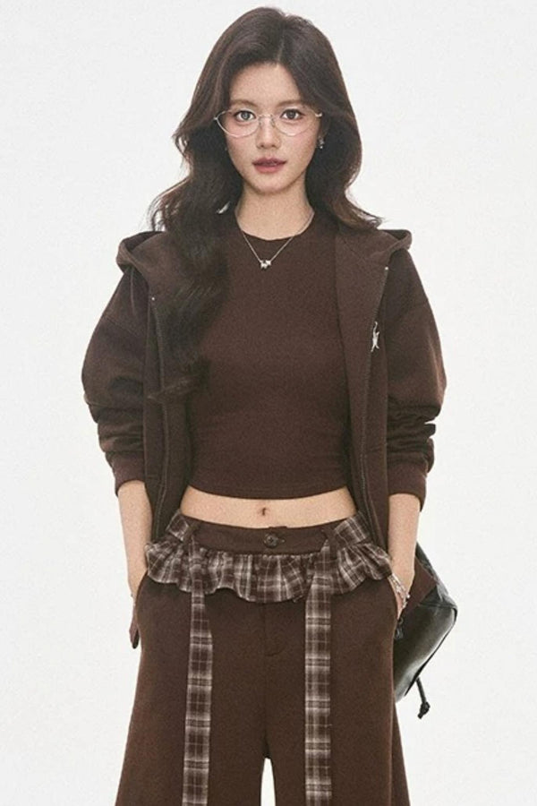 Plaid Patchwork Hooded Sweatshirt and Sweatpants Set-Up