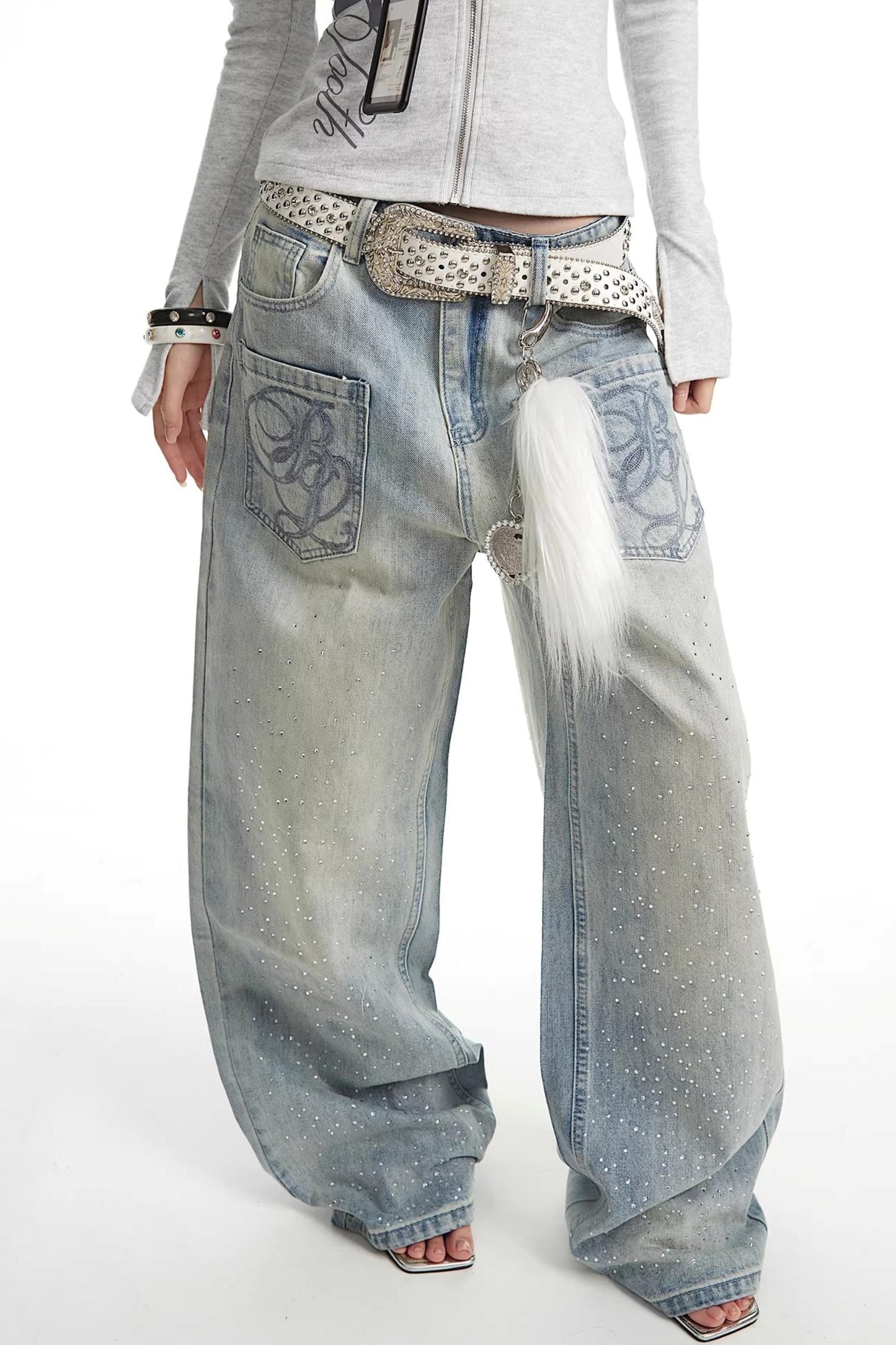 Retro Rhinestone Denim Pants