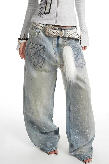 Retro Rhinestone Denim Pants