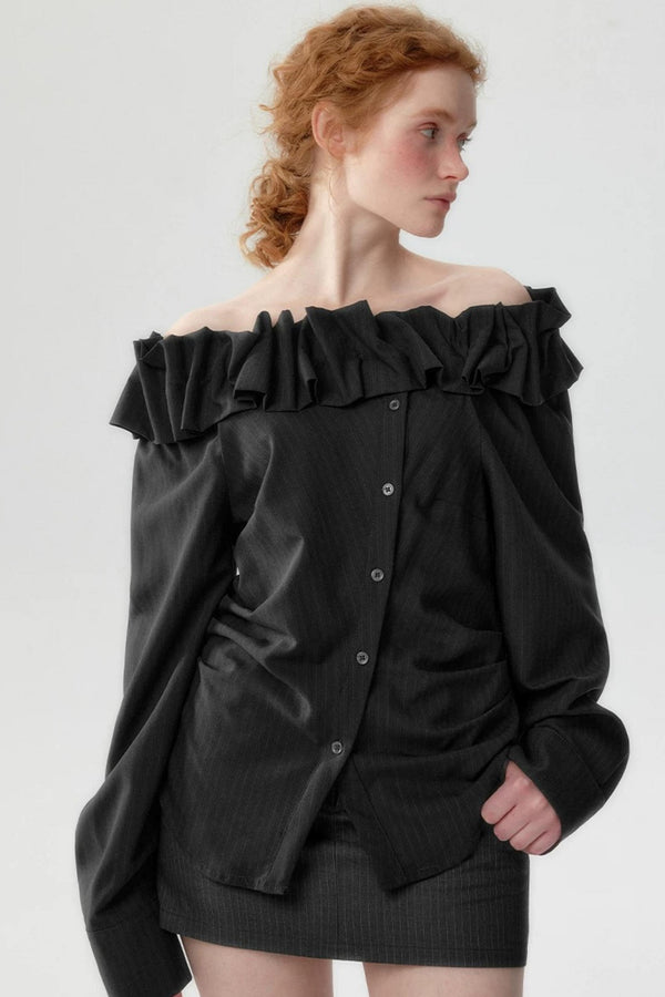 Korean Striped One-Shoulder Top