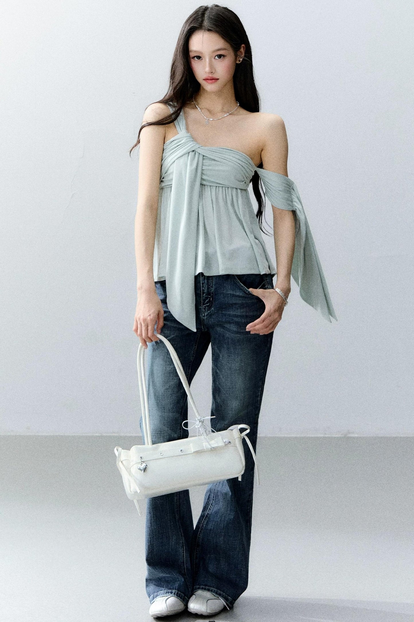 Island Green Asymmetrical Off-Shoulder Top Set-Up