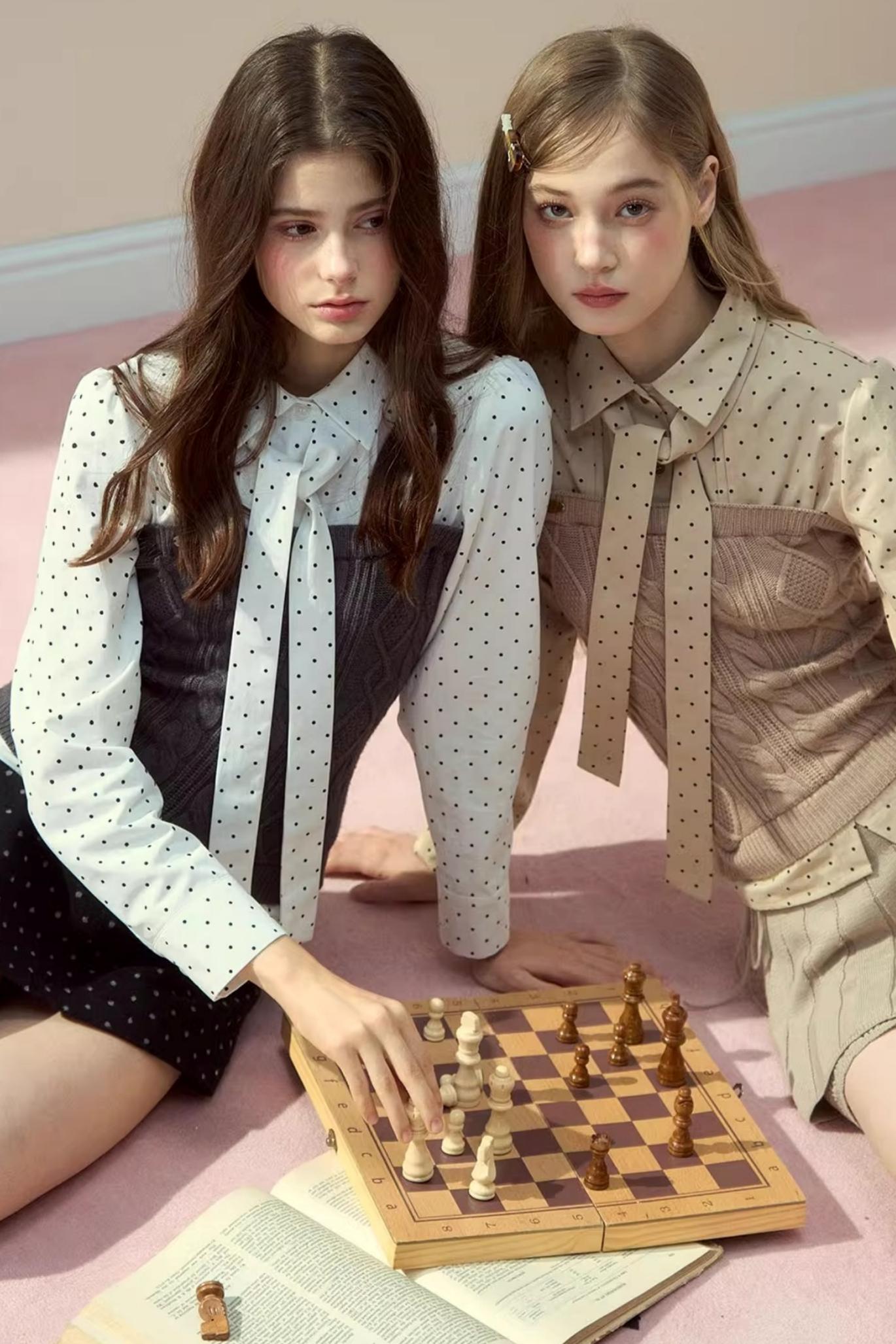 Polka Dot Patchwork Shirt And Skirt Set-Up