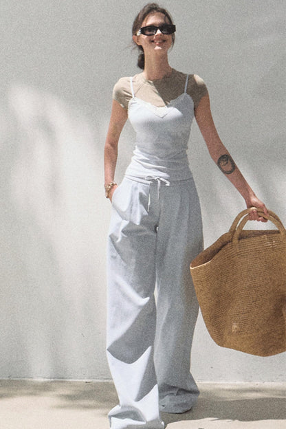 Lace-Up Top & Wide Leg Pants Set-Up