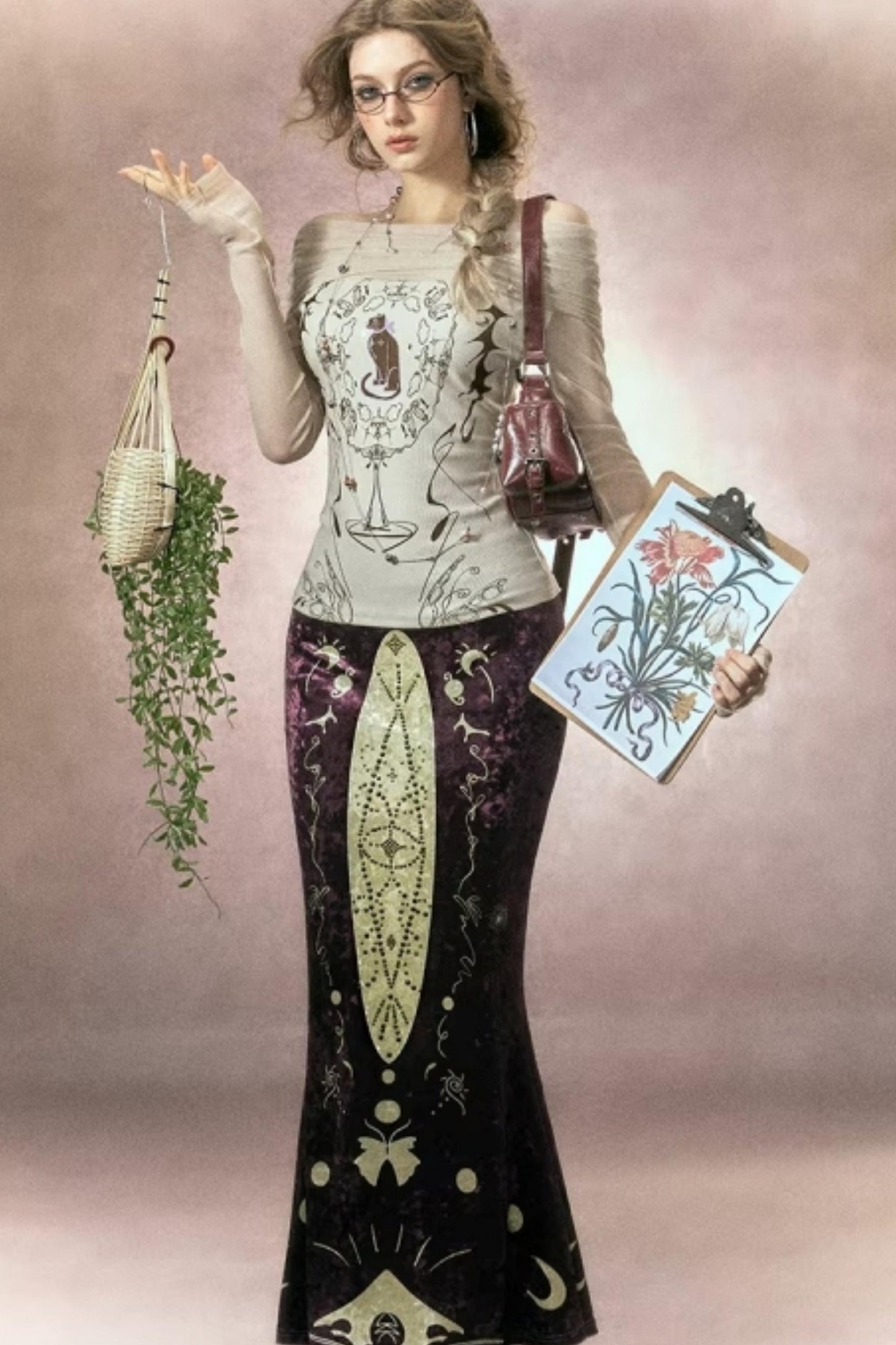 Hand-Painted Velvet Fishtail Skirt