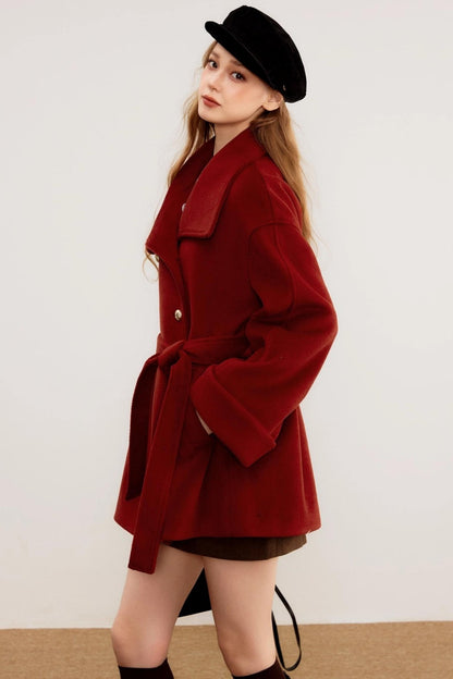 Red Woolen Waist-Cinching Coat