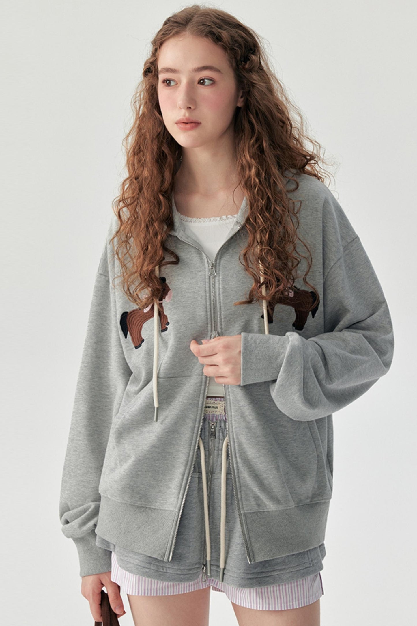 Gray Embroidered Hooded Sweatshirt Coat