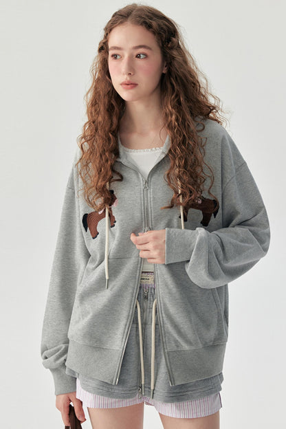 Gray Embroidered Hooded Sweatshirt Coat
