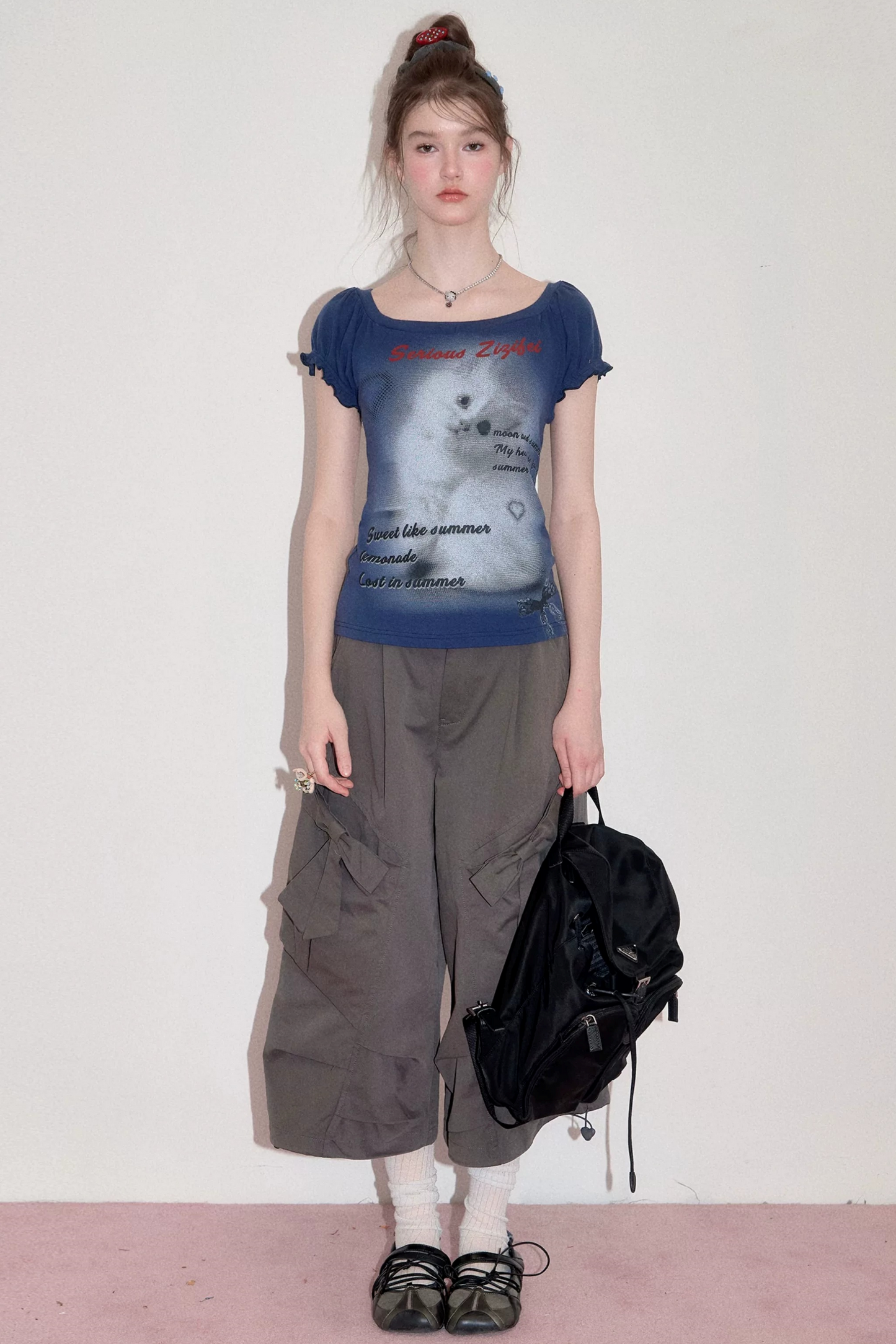Cat Print Puff Sleeve Short Sleeve T-Shirt