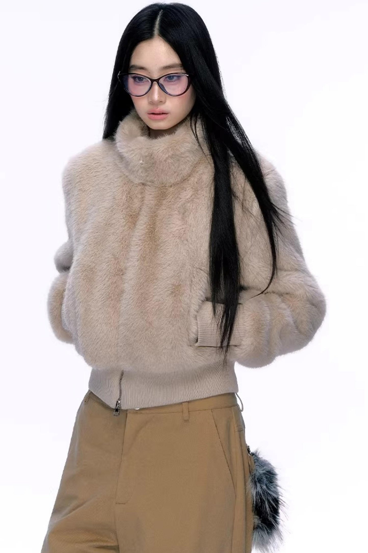 우아한 페이크 퍼 패치워크 코트