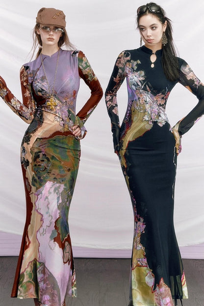 Contrast Color Cheongsam Dress