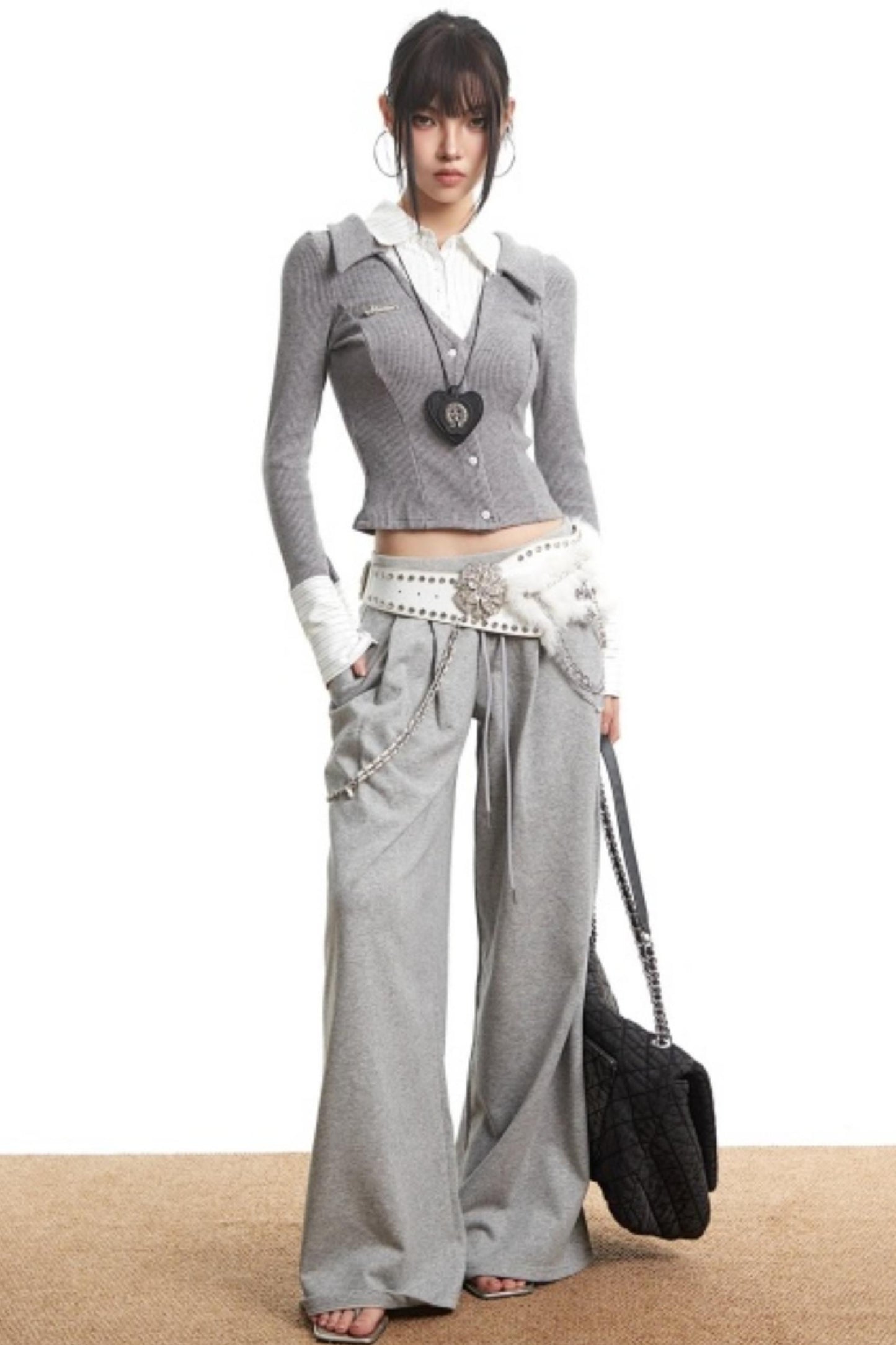 Retro Gray Fake Two-Piece Top