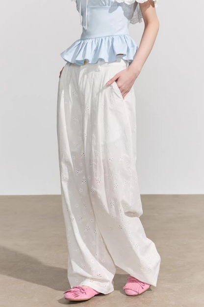 Pantaloni in cotone floreale bianco