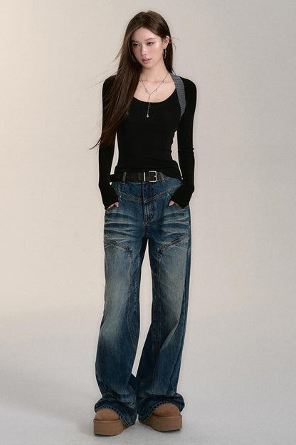 BLUE WASH DISTRESSED STRAIGHT-LEG JEANS