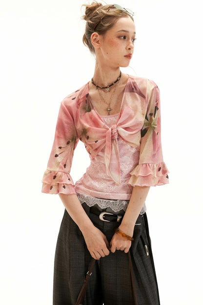 Lace-Trimmed Floral Cardigan Set-Up