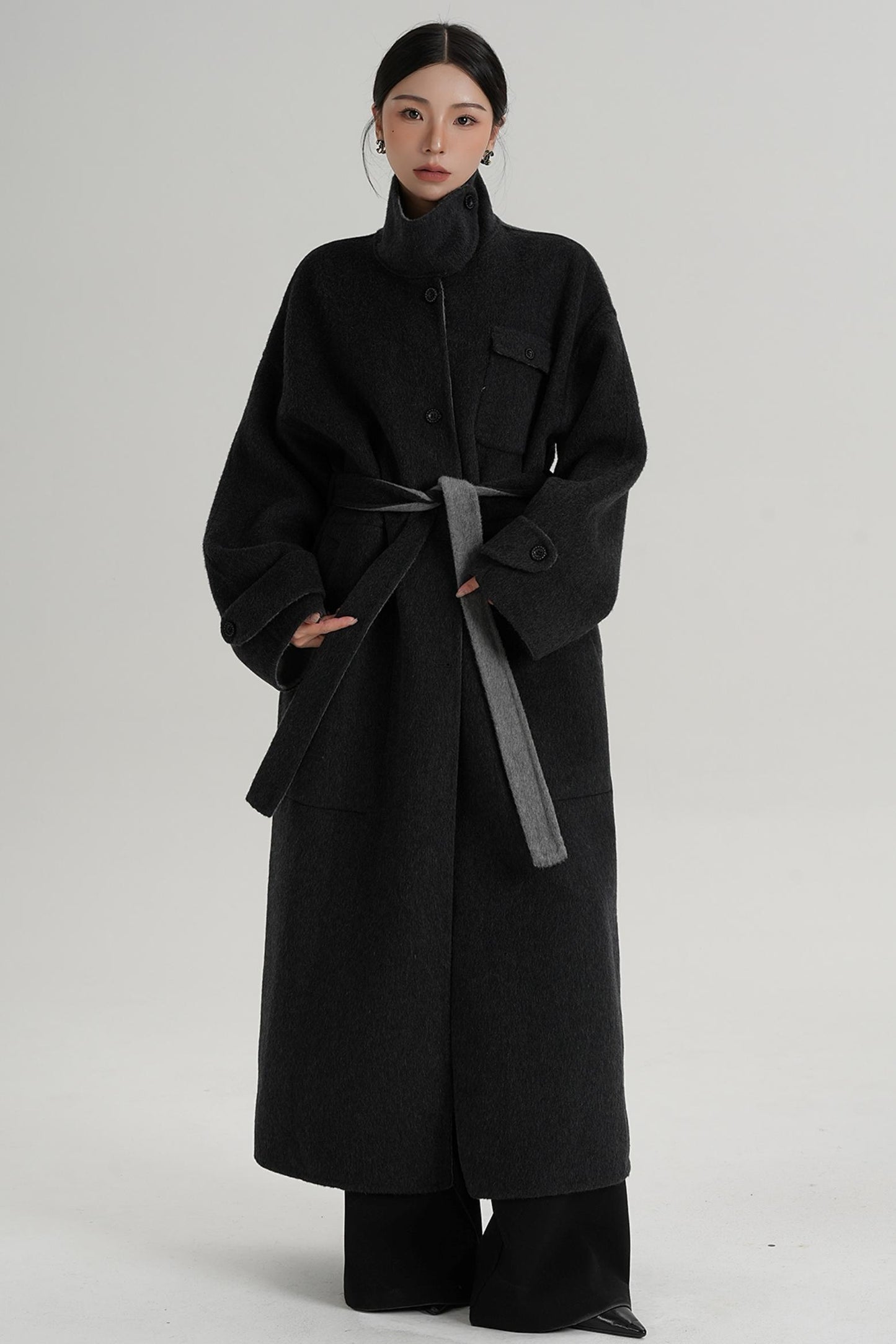 Temperament Design Color-Blocking Woolen Coat