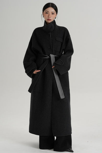 Temperament Design Color-Blocking Woolen Coat