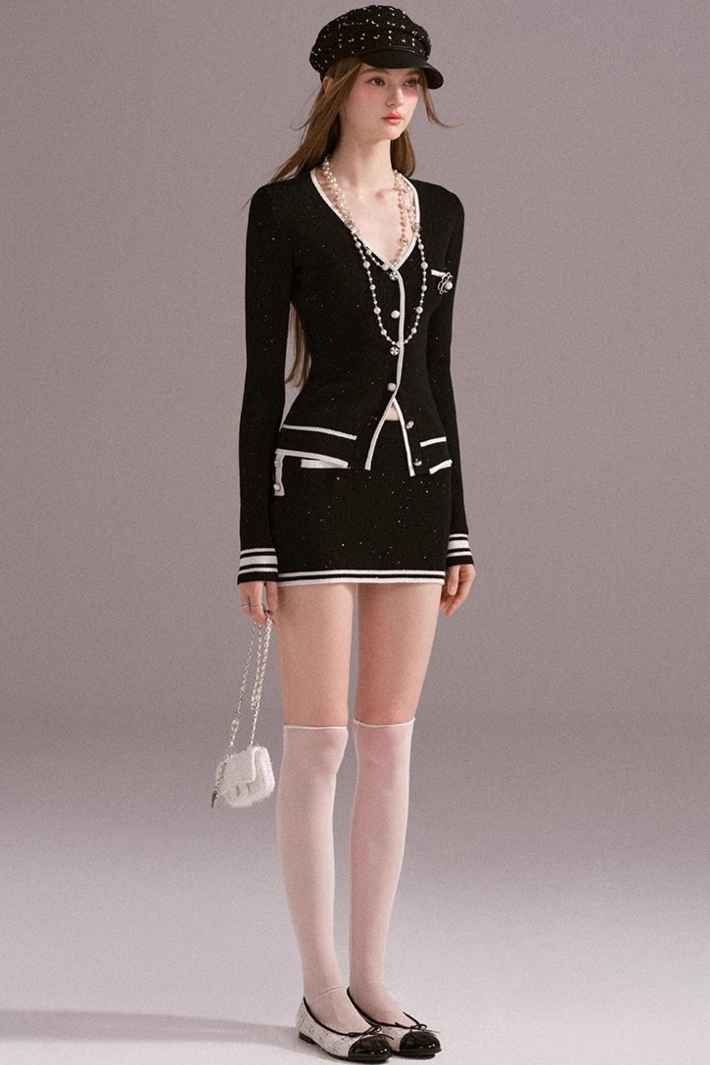 Hot Girl Contrast Knit Cardigan Suit Set-Up