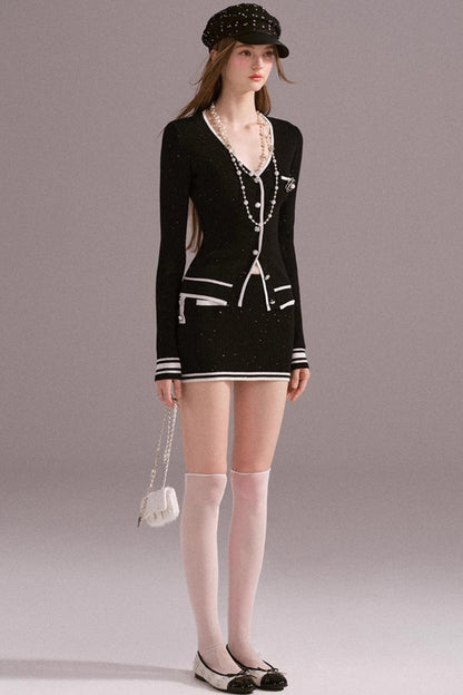 Hot Girl Contrast Knit Cardigan Suit Set-Up