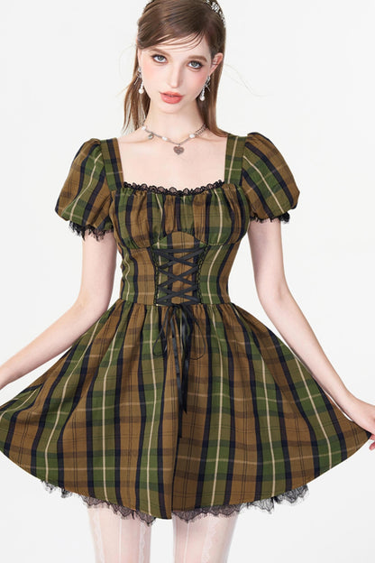 Greenfield Checkered Puff Sleeve Dress