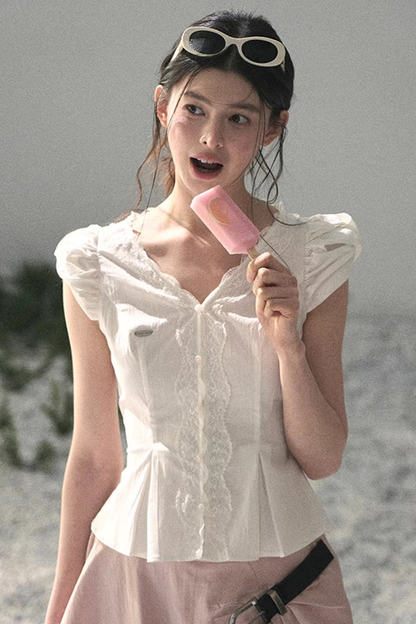 French V-Neck Lace Blouse