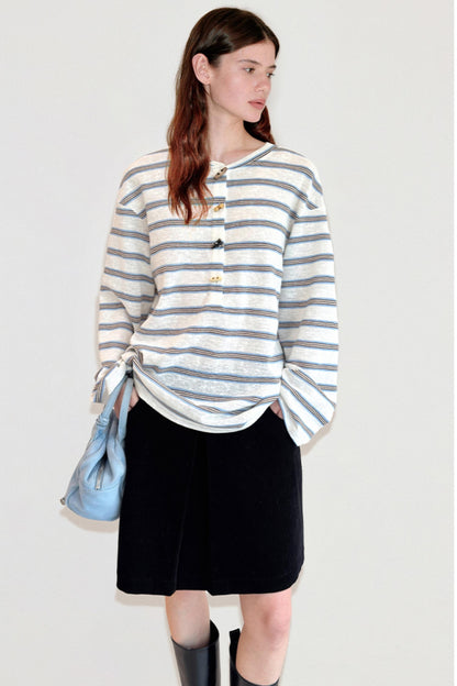 Horn Button Striped Long Sleeve T-Shirt