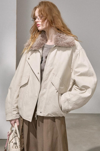 Curved Sleeve Fur Collar Jacket