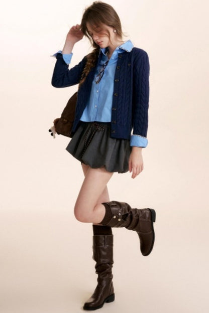 Color-Blocked Woolen Puff Skirt