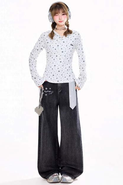 Retro Star-Printed Long-Sleeve Top