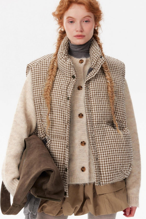 Linen Plaid Down Vest Jacket