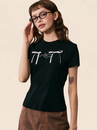 Shoulder Bow Short Sleeve T-Shirt