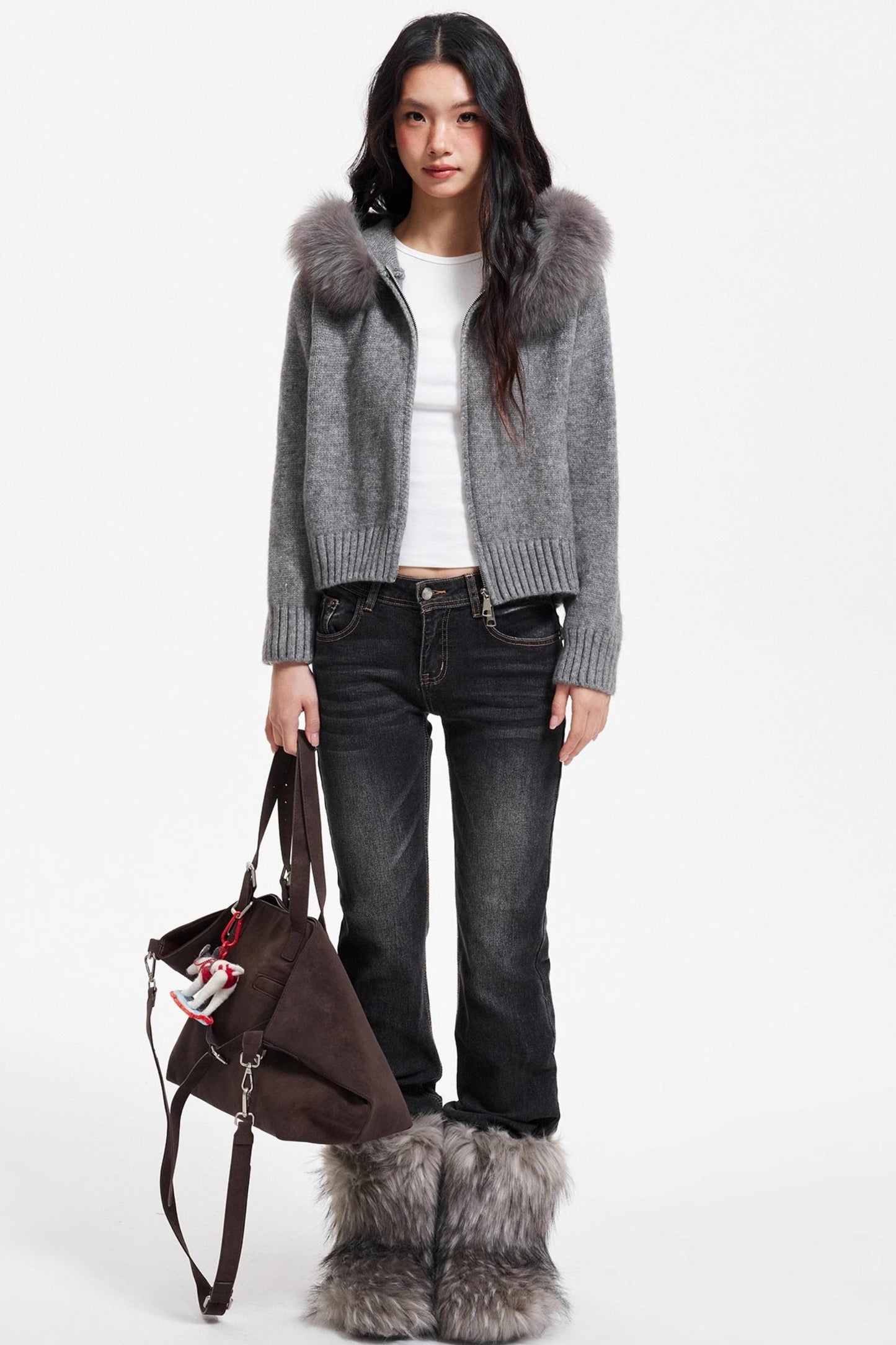Knitted Sweater Jacket with Fur Collar