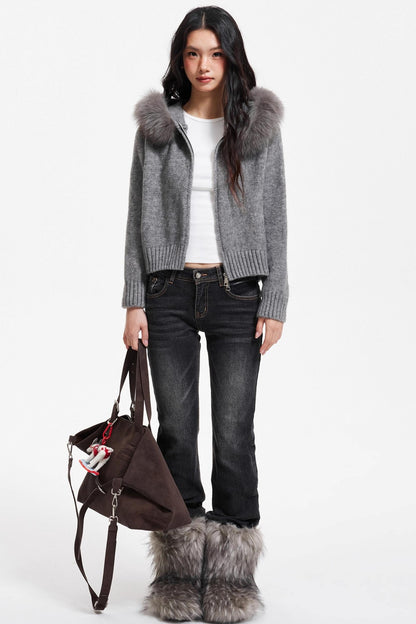 Knitted Sweater Jacket with Fur Collar