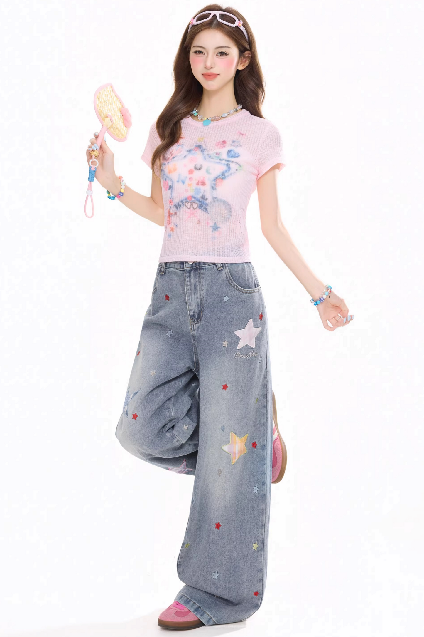 Star-Patterned Vintage Denim Pants