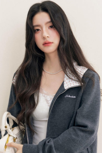 Rose Print Patchwork Hooded Jacket Set-Up