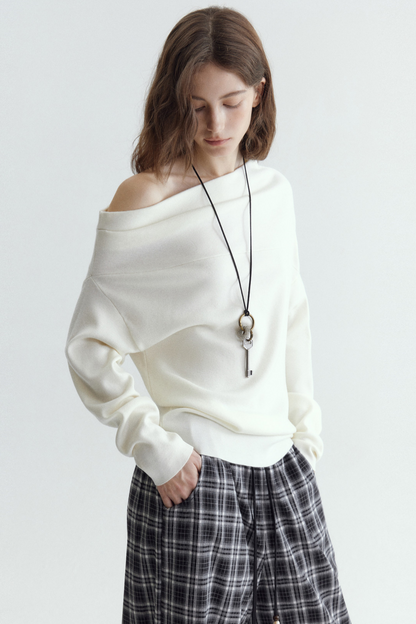 Pleated Off-Shoulder Knit Sweater