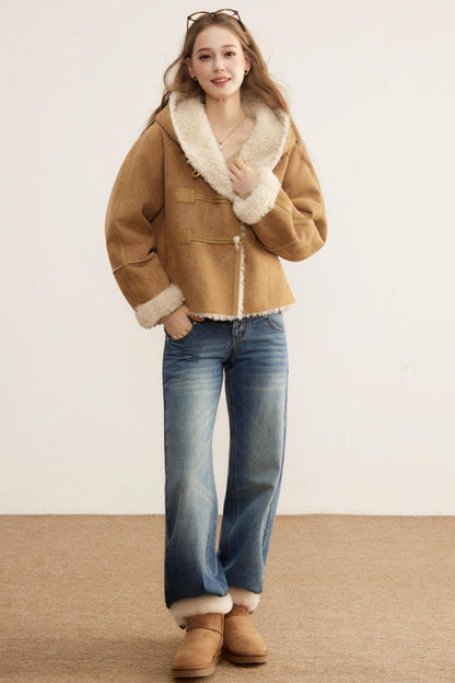 Short Suede Hooded Brown Jacket