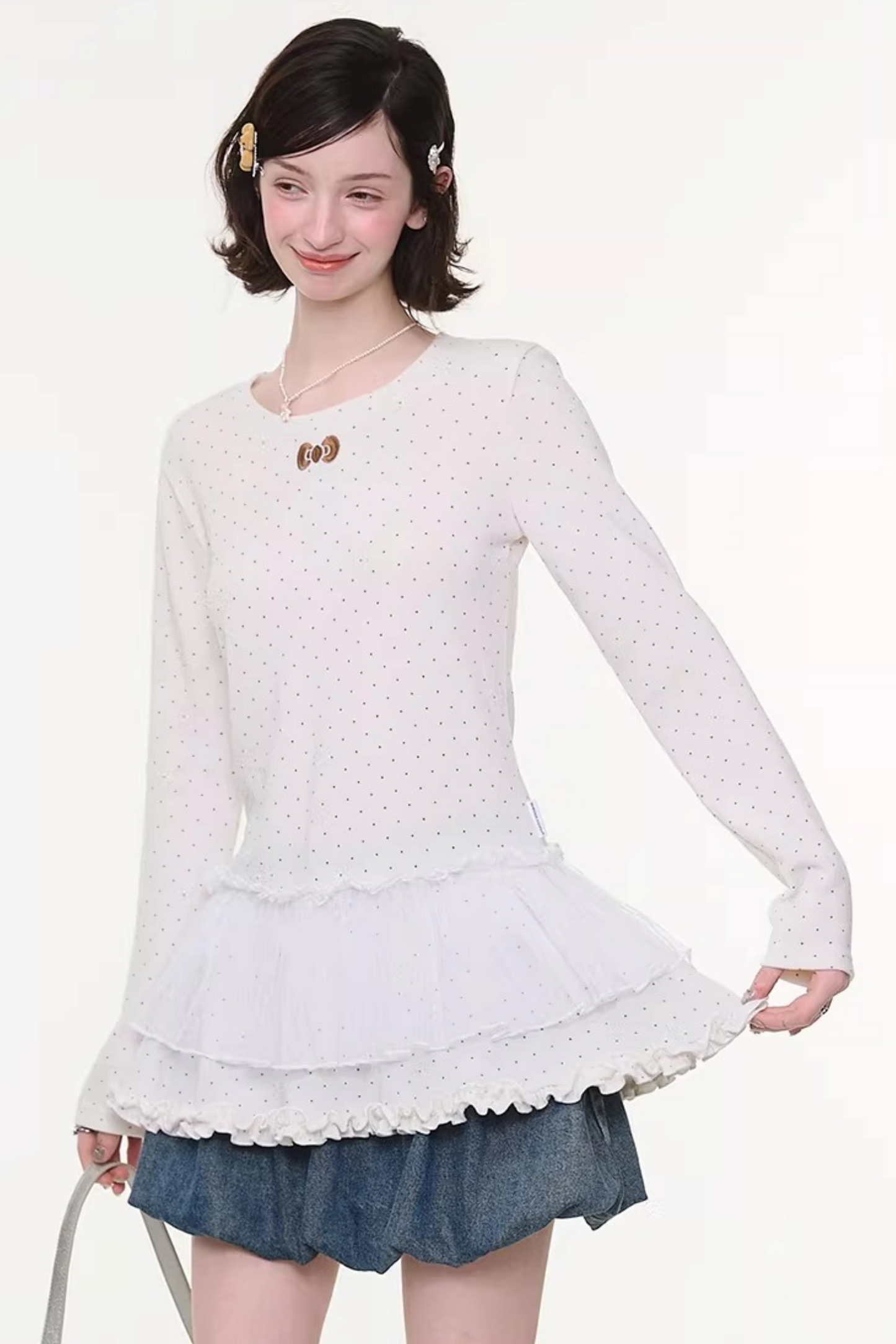 Lace Pleated Polka Dot Top