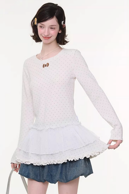 Lace Pleated Polka Dot Top
