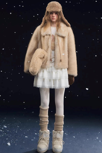 Lace-Up Lapel Fur Coat