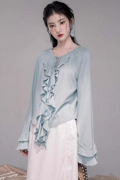 Lotus Leaf Neck Wool Knitted Shirt