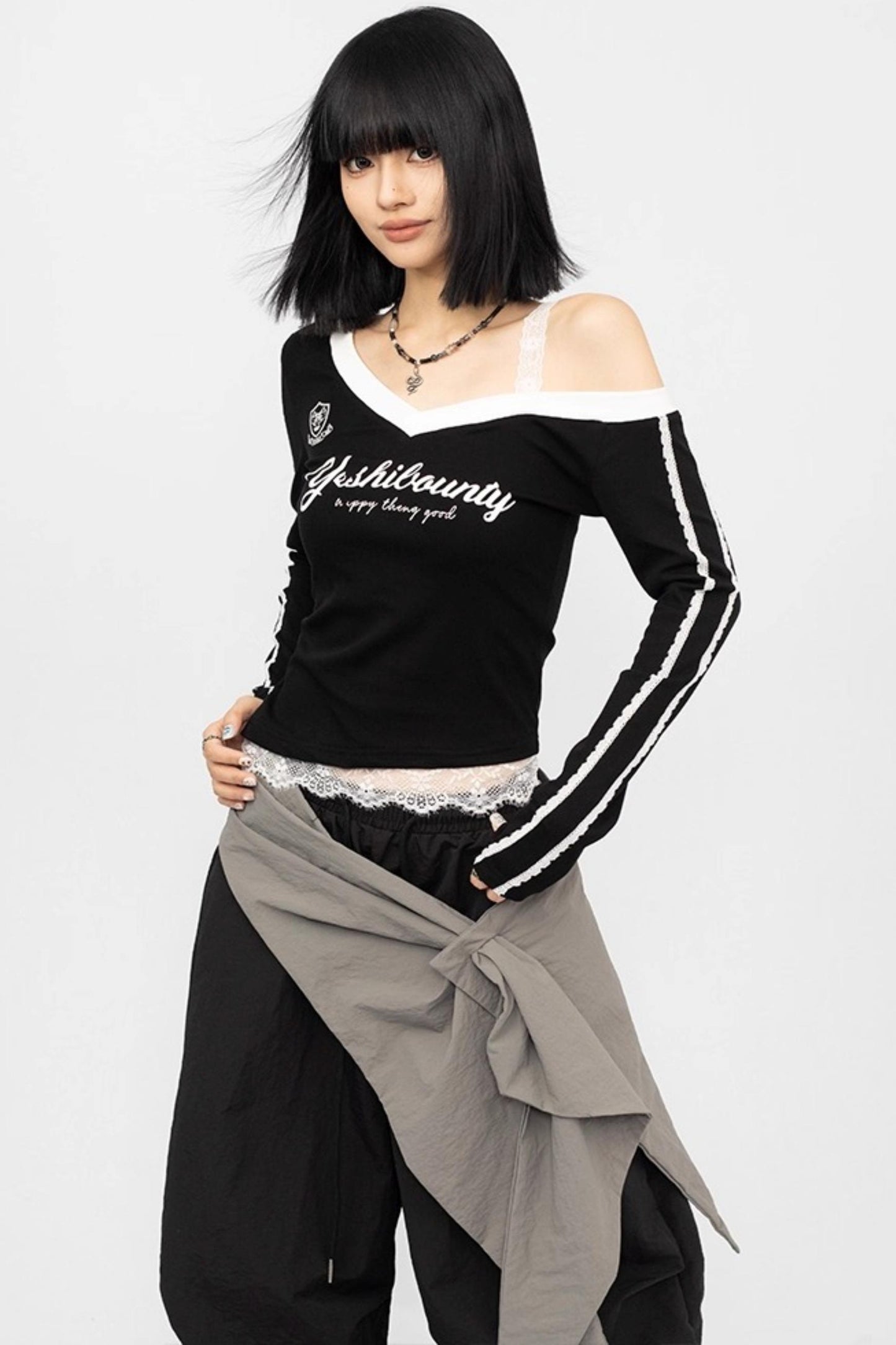 Lace Stitching Off-the-Shoulder Long Sleeve Top