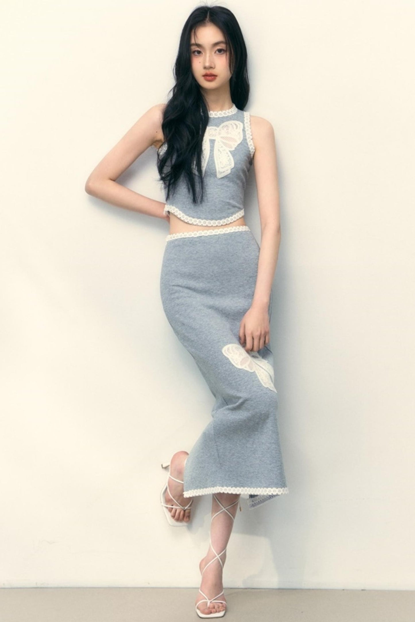 Grey Lace Vest And Skirt Set-Up