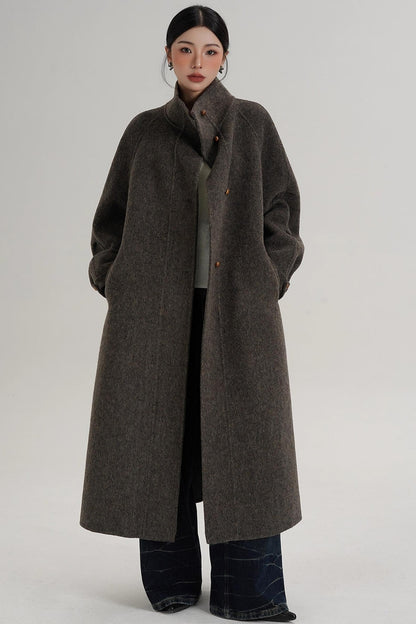Elegant High-Neck Long Wool Coat
