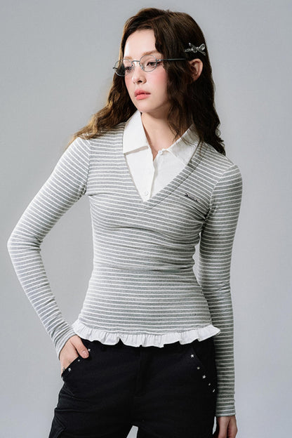 Lace Hem Striped Long Sleeve Knit Tee