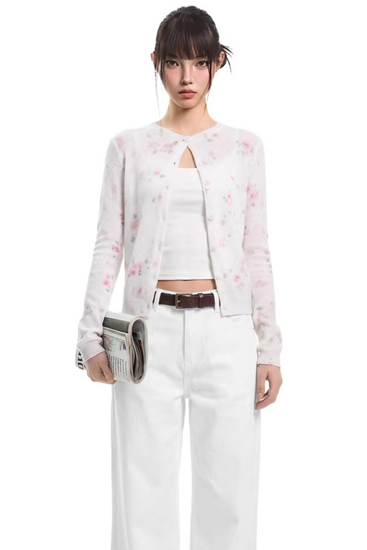 White Floral Knitted Cardigan