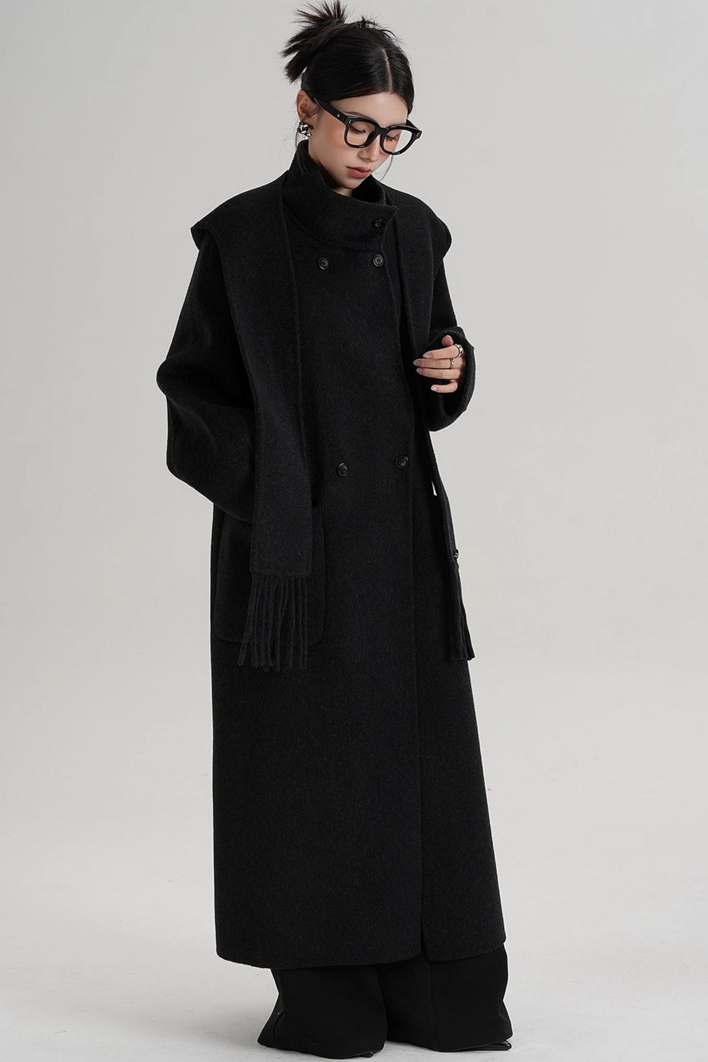 Temperament Hooded Scarf Wool Coat