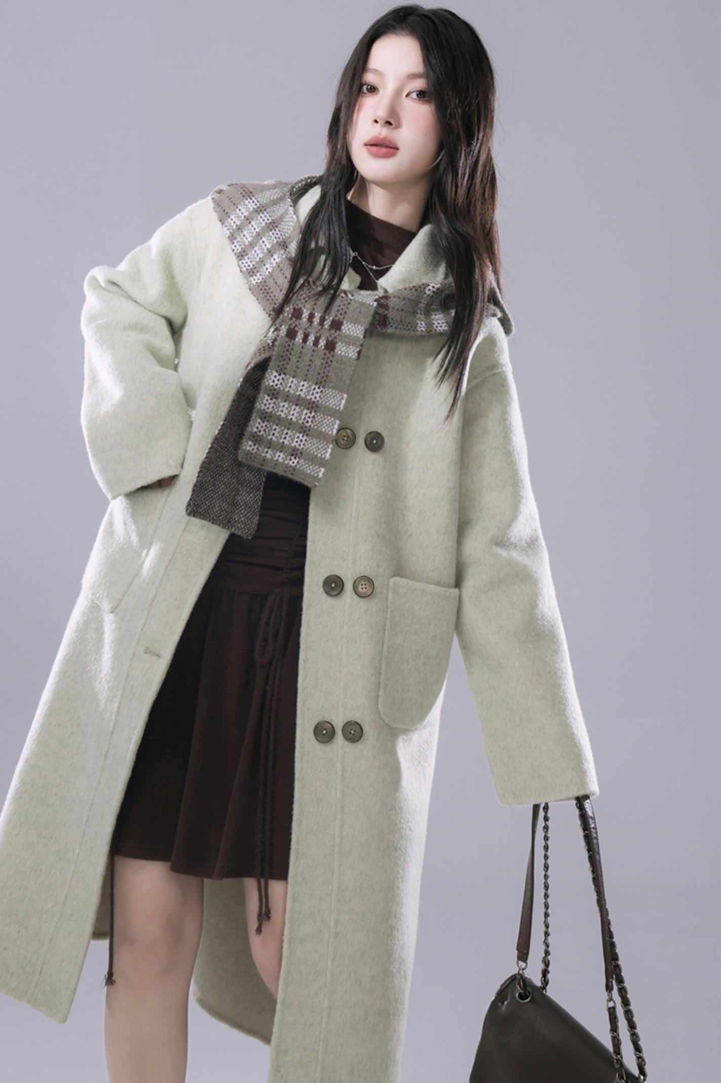 COTRE Yeonnam-dong Street Check Lost Green Wool Hood Collar + Wool Tweed Coat