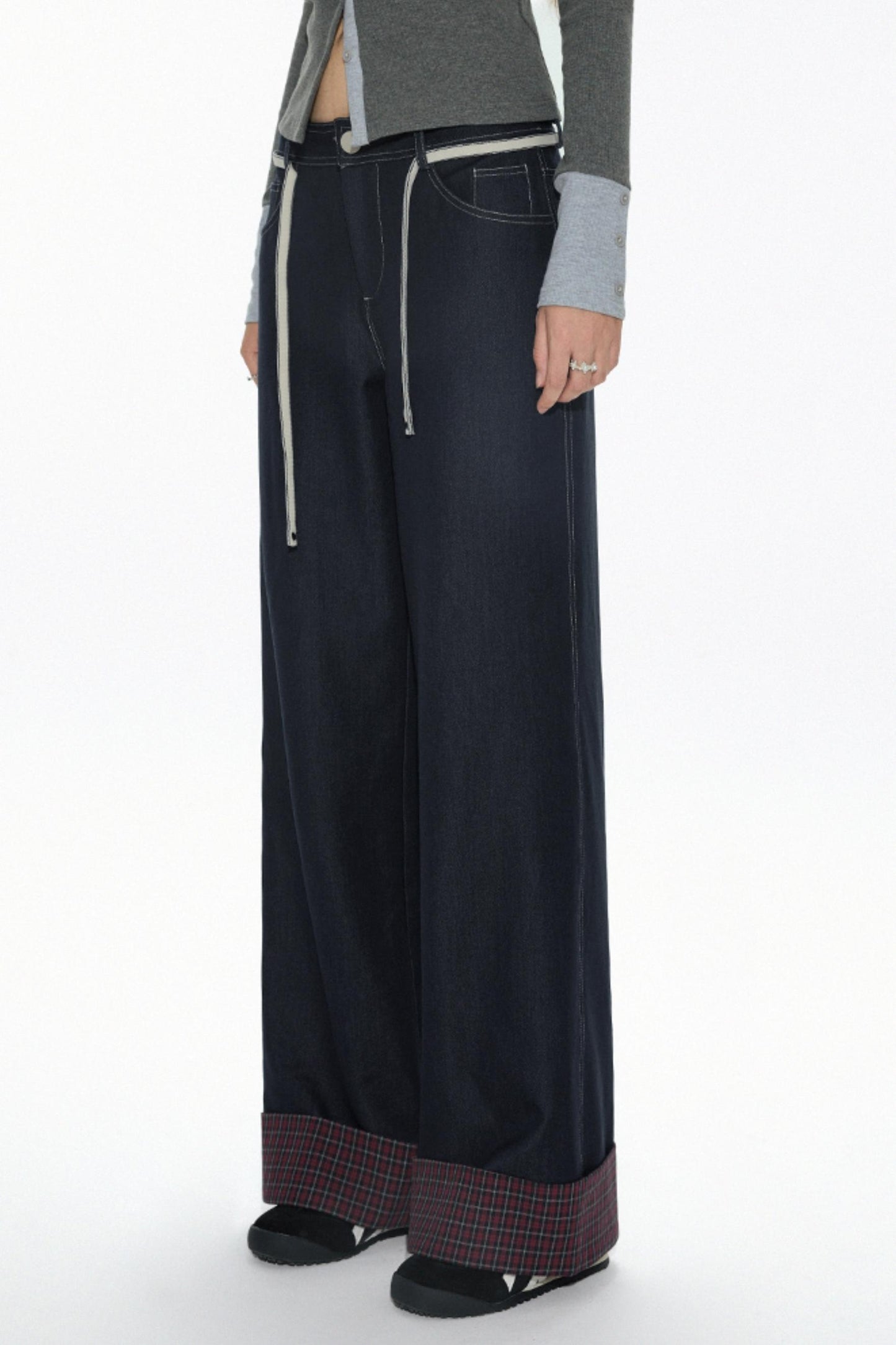 High-Waisted Navy Checkered Wide-Leg Pants