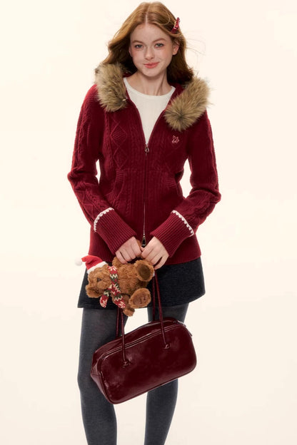 Red Hooded Knit Jacket Set-Up